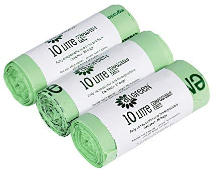 10 Litre x 75 All-Green Compostable Bags - Kitchen Caddy Liner - Food Waste Bin Liners - EN 13432-10L Bags with Composting Guide