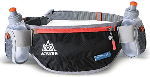 AONIJIE Männer Frauen Sport Trinkgürtel mit 2 Stücke Trinkflaschen Hüfttasche Geeignet für Einstellbarer und stabil Taille Pack (Schwarz)