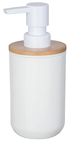 WENKO Seifenspender Posa, nachfüllbarer Pumpspender für Flüssigseife, Lotion oder Spülmittel, weißer Kunststoff mit nachhaltigen Bambus-Akzenten, (B x H x T): 7 x 16,5 x 8 cm, Füllmenge ca. 330ml