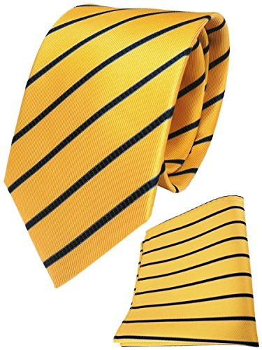 TigerTie Designer Seidenkrawatte Designer Seideneinstecktuch in gelb blau dunkelblau gestreift
