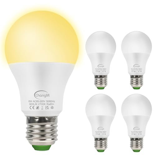 ChangM Ampoule LED Detecteur de Mouvement PIR, E27 Culot Vissé 8W LED automatique avec marche/arrêt automatique, d'éclairage Intérieur/extérieur pour porche couloir terrasse Lot de 4