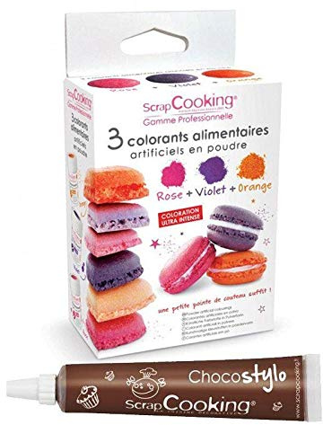 3 colorants alimentaires orange, violet, rose + 1 Stylo chocolat