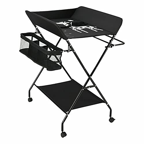 Wickeltisch klappbar,Mobiler Wickeltisch Wickelkommode Wickelauflage mit Sicherheitsgurt Wickelkombination Wickeltisch kompakt faltbar mit drei Ablagefächer(mit Rädern)