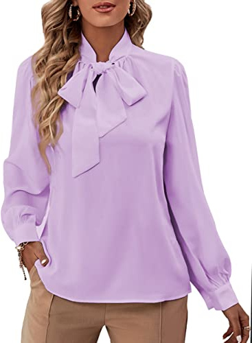 Rooscier Camicetta da donna con fiocco al collo, maniche lunghe, polsino con bottone, in chiffon elegante, Viola chiaro, XL