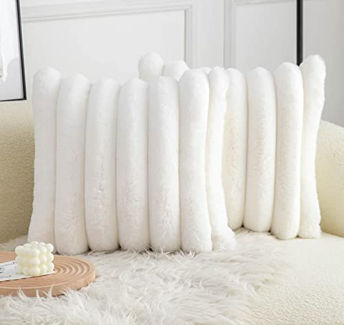 Neelvin 2er Set Plüsch Kissenhülle Kunstpelz Gemütliche Weiche Gestreifte Dekorative Kissenbezug Kissenbezüge Dekokissen Zierkissenbezug Sofakissen Cream Weiße 50x50 cm für Sofa Schlafzimmer