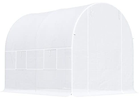 Outsunny Invernadero de Exterior 2,5x2x2 m de Túnel con 4 Ventanas de Malla y Puerta Enrollable con Cremallera de Huerto Anti-UV para Patio Jardín Blanco