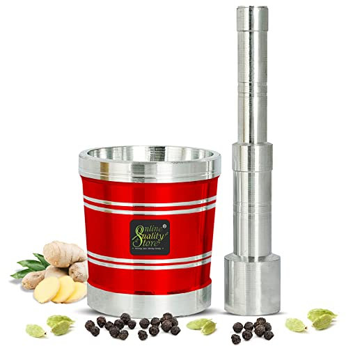 Online Quality Store Okhli and Musal/Set di pestelli, pestello e pestello, schiacciapatate in alluminio, per cucina, imam dasta, mixer per spezie (rosso, alluminio)
