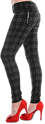 Pantalon Slim à Carreaux Tartan Pantalon Femme Punk Emo Mode Alternative, Gris, S