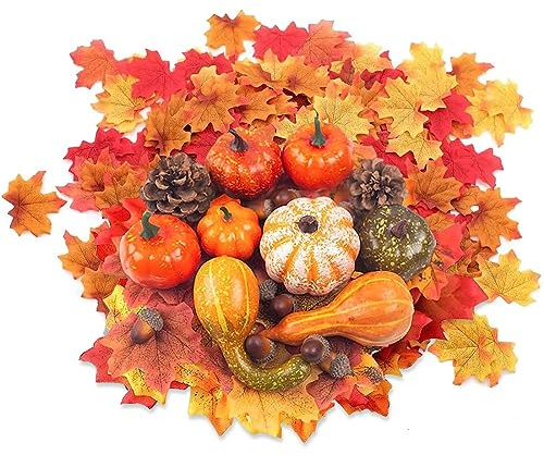 YEAPEAK Zucche Artificiali Set- 50 Pcs Set di Decorazioni Autunnali per Ringraziamento, Mini Zucca, Pigne, Foglie d'Acero, Ghiande, Decorazione Di Zucche, Addobbi Autunnali Per Decorazione Autunno