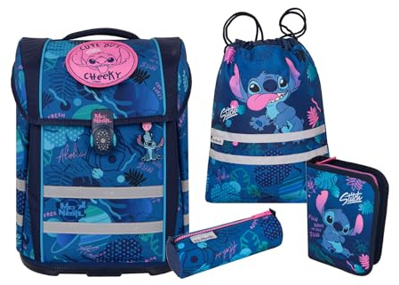McNeill Stitch Perfecto SchulranzenSet 5-teilig – Ergonomischer Schulranzen mit gefülltem Federmäppchen, Sportbeutel & mehr im Disney Stitch Design – Reflektierend, mit Brust-& Beckengurt, Grundschule