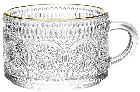 GizellMG Mug au Lait Bouteille d'eau Doré en Cristal Grande Tasses à café Verre à shot Joli Tournesol Verre Hobstar Verre à eau Verre Transparente avec Anse 350 ml / 35 cl (4PCS)