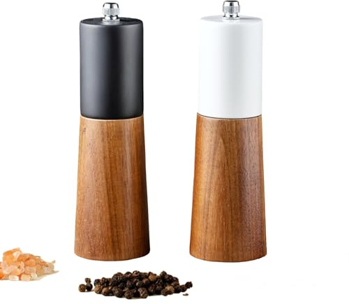 GCFTIFF Salz- und Pfeffermühlen-Set aus Holz, anpassbar für individuelle Grobheit | Aus massivem Akazienholz mit Keramik-Stahlkern, Pfeffermühle für Küche und Urlaubsgeschenke (2 Stück weiß + schwarz, 15,2 cm)