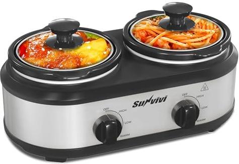 Sunvivi - Pentola doppia lenta, 2 x 1,25 quarts, acciaio inossidabile, 3 temperature regolabili, ideale per feste e riunioni