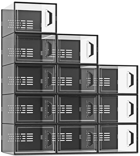 SEE SPRING X-Large Shoe Storage Box Fit Size 11, Clear Plastic Stackable Shoe Organizer for Closet, Space Saving Sneaker Shoe Rack Containers Bins Holders for Entryway, Under Bed, 12 Pack Black