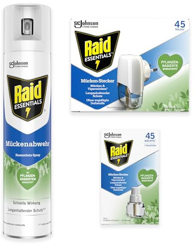 Raid Essentials Trio-Bundle gegen Mücken für Innenräume, inkl. Mückenabwehr-Spray (300 ml), Mückenstecker 45 Nächte und Nachfüller (2 x 32 ml)