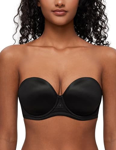 Deyllo Women's Strapless Bra Padded Cup Push Up Plus Size Full Coverage Underwire Support(Black,36G)