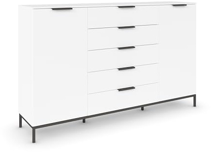 Rauch Möbel Flipp, Kommode, Farbe Weiß, Breite 180 cm | Sideboard, 2-türig, 5 Schubladen, Soft-Close, Griffe, Metallkufe Graphit für Schlafzimmer, Gästezimmer, Wohnzimmer