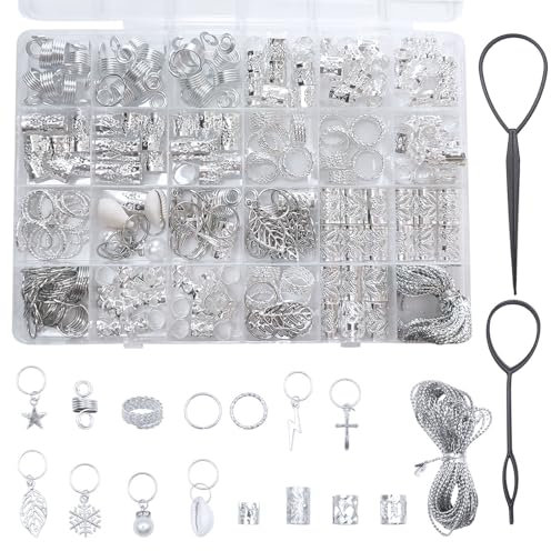 ZOCONE Set di 259 pezzi Anelli di Treccia per Capelli con 2 Strumenti per Intrecciare i Capelli Anelli per Donne Uomini Ragazze Accessori Capelli Treccia (Argento)