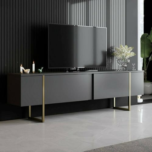 Dmora - Fernsehschrank Centaurus, Ständer für Wohnzimmerfernseher, Niedriges Wohnzimmer-Sideboard, TV-Ständerbasis, 180x30h50 cm, Anthrazit und Gold