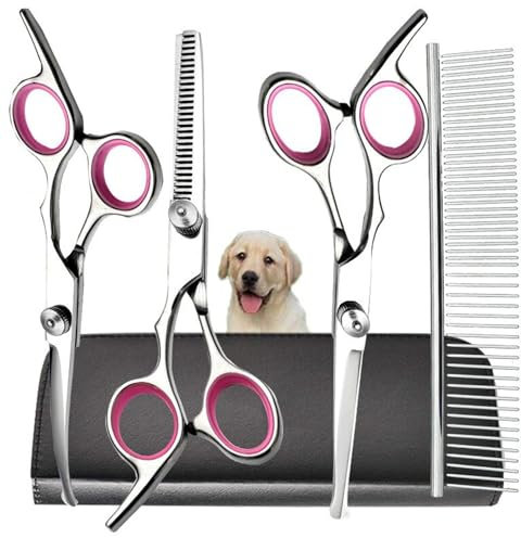 Hundeschere Set Profi, Hunde Schere Runder mit Sicherheitsspitze, 4 in1 Edelstahl Fellschere Hunde Inkl Effilierschere, Gebogene, Gerade Schere, Fellpflegekamm, für Hunde, Katzen (Hundeschere Rosa)