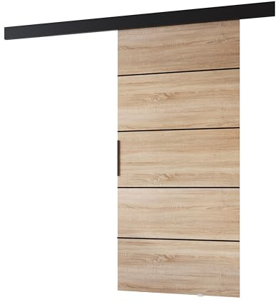 MINIO go for it - Schiebetüren 96 cm PRIM 1K Schiebetür Zimmertür | Schiebetürsystem für Zimmer, Wandmontage, Türe Innen - Dekorleiste, Oberblende, Türgriff in Schwarz, Sonoma Eiche / Schwarz