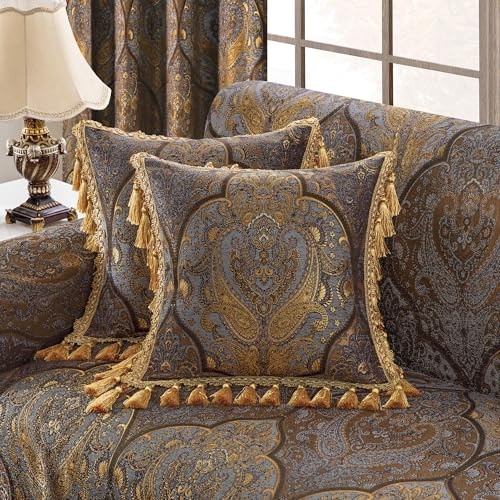 Loom and Mill 1 x luxuriöser Zierkissenbezug mit Quasten, Jacquard-Damast-Kissenbezüge für Wohnzimmer, Schlafzimmer, Sofa, Couch, Stuhl, 50,8 x 50,8 cm, Bronze-Gold