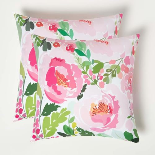 HOMESCAPES Set of 2 Outdoor Cushions Waterproof, Pink Peony Flowers Filled Garden Cushion, Hypoallergenic Polyester, Decorative Pillows for Indoor & Outdoor Patio, Benches & Sofa - 45 x 45cm