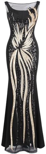 Angel-fashions Abito da Sera Nero con Paillettes Oro Trasparente da Donna Oro Nero 48