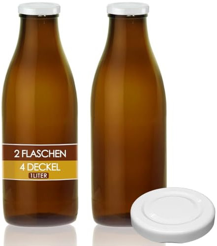 Geniess-Bar! 2x braune Milchflasche 1 Liter Glasflaschen 4 Twist off Schraubverschluss Deckel Milchflasche leer zum Befüllen Weithals Flaschen hitzebeständig