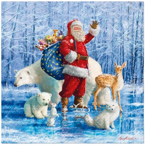 20 Servietten Weihnachten Santa mit Polartiere im Winter als Tischdeko. Papierservietten mit Motiv. Auch für Decoupage und Serviettentechnik 33x33cm