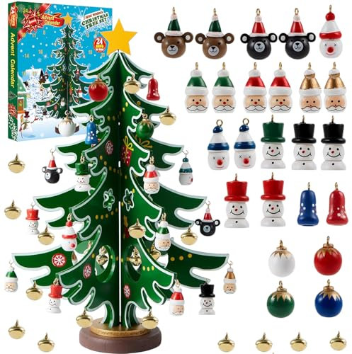 YADODO Calendrier de L'Avent 2024 Mini Sapin de Noël en Bois 36 Ornements Décoration 24 Jours de Noël Compte à Rebours l'arbre de Noël de l'Avent de Noël pour Enfants Filles Garçons Cadeau Noël Avent