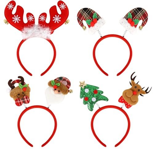 4 Stück Weihnachten Haarreif,Weihnachten Stirnband，Weihnachts Haarschmuck für Kinder Erwachsene,Weihnachts Geweih Weihnachtsbaum Schneemann Stirnbänder mit für Weihnachtsfeiern