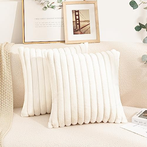 Uhomy Set of 2 Faux Fur Home Decorative Throw Pillow Cover Luxury Super Soft Fuzzy White Striped Furry Pillowcase for Sofa Couch Bedroom Comfy Thick Fluffy Plush Cushion Cover 18x18 Inch 45 cm White
