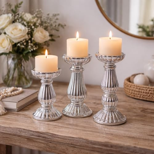 Marco Paul Extra Large 3-Piece Silver Pillar Candle Holder Set - Elegant Silver Centerpiece for Christmas Table Decorations, Wedding, Mantlepiece, and Church - Classic Vintage Finish Xmas Home Decor