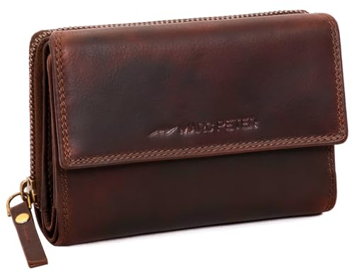 Marc Peter® Rosie Damen Geldbeutel Leder RFID Geldbörse Groß Vintage Portemonnaie für Damen Ledergeldbörse mit Reißverschluss in Geschenkbox Echtleder Waxy Braun