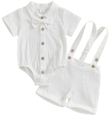 Himllauen Infant Baby Boy Summer Gentleman Outfit Solid Color Short Sleeve Lapel Neck Shirt Romper + Stripe Suspender Shorts + Bowtie for Newborn Toddler Boys (White, 9-12 Months)