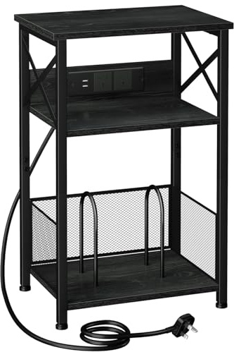 AMHANCIBLE Record Player Stand with Charging Station, 3-Tier Bedside Table with Storage Cabinet, Side Table Hold Up to 100 Albums, Vinyl Record Stand for Living Room, Bedroom, Black HETCD01BK-1