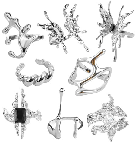 FloralGrace 8 Stück Y2K Ringe Set, Vintage Silber Ringe Für Damen, Wasserdichter Schmuck, Einstellbar, Für Aesthetic Und Grunge Styles, Perfekt Zum Stapeln