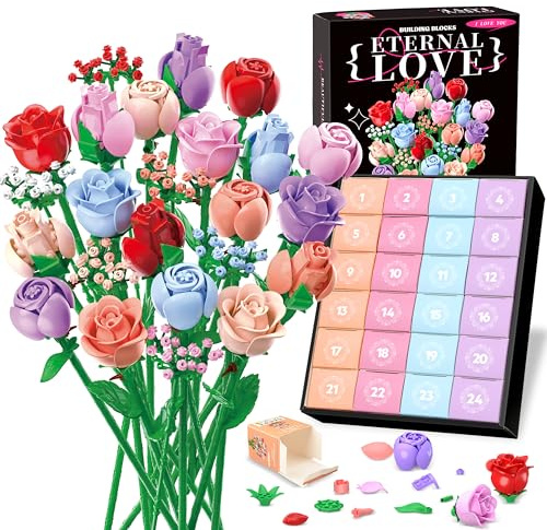 Sopu Colorful Rose Bouquet Flowers Building Set, 24 Boxes 1380Pcs Artificial Flowers Botanical Collection Flowers for Adults Valentines Day Gifts for Her Women Wife Girlfriend Mom