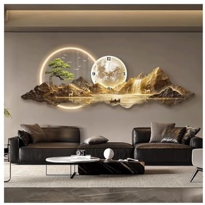 HTYUKFDG Wanddekoration, 3D-Wandkunst, Landschaftsgestaltung, mit LED-Licht, Kiefer und neun Fische, Wandmalerei mit Bergen Flüssen und Mond, beleuchteter Eingang, Studio