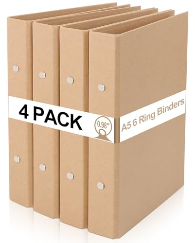 WOOWAIR 4 stycken ringpärmar A5 påfyllningsbar kraftpapper, A5 ringbok med 6 ringar, mapp för att lägga till broschyromslag papper lösa blad, 233 x 175 mm pärm med 38 mm bokstöd för kontor skola