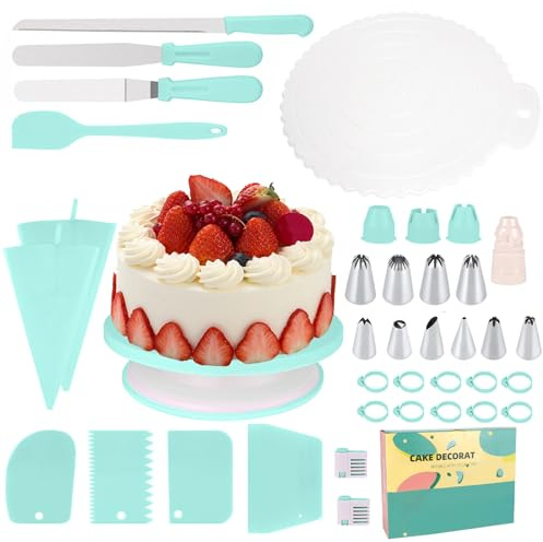 Tårttillbehör set – 139 delar bakningsset med 30 cm tårtplatta roterbar, 100 spritspåsar, spatlar och omfattande verktyg – tårtdekoration tillbehör kit för nybörjare och proffs (grön)