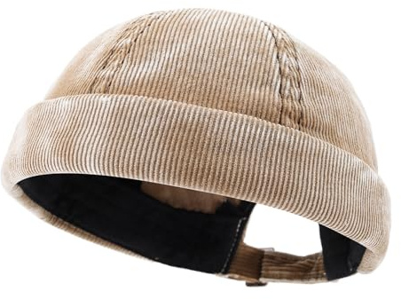 Gvatasz Corduroy Brimless Docker Hat for Unisex Stylish Landlord Hats Rolled Cuff Skull Cap Harbour Beanie Hats,Khaki