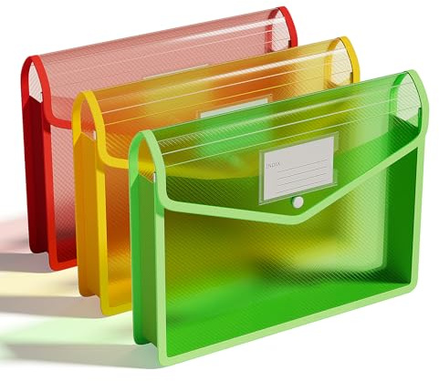 ThinkTex A4 plastmapp, 3 st dokumentmappar genomskinliga kuvert med snäppstängning, inga avdelare, stor kapacitet, blandade färger, för skola kontor hem