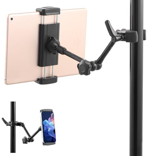 SH iPad Holder for Microphone Stand, 360 Degree Adjustable Aluminum Mount, Universal Tablet Clamp Stand, Modern Style, Desktop Use, AC011