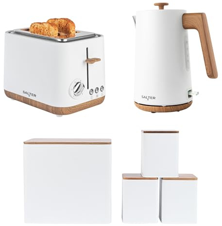 Salter Toronto Kitchen Set, Kettle Toaster Canister Set, Matte White | 1.7 L 3 kW rapid-boil kettle, 2-slice toaster with 6 browning levels, 4-piece set with bread bin, tea coffee sugar canisters