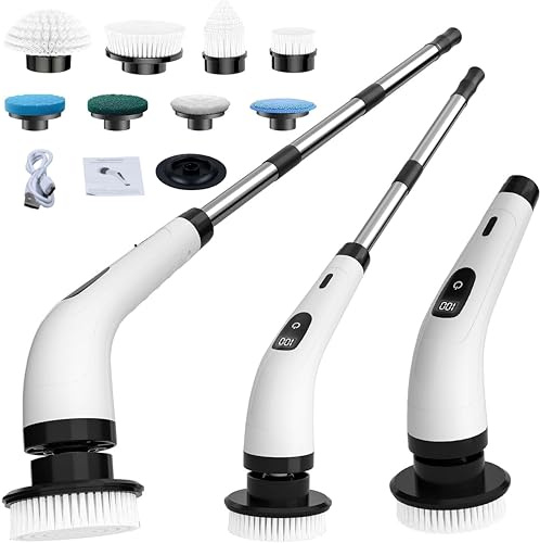 MEHZU Electric Spin Scrubber – Powerful 4000mAh Rechargeable Battery, 400–500 RPM Motor, 8 Replaceable Brush Heads & Adjustable Handle – Deep Cleaning Tool for Bathroom, Kitchen & Floors