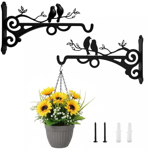 Tniytru 2-Piece Set Hanging Basket Bracket, Heavy Duty Outdoor Hanging Baskets with Screws, Wall Mounted Plant Hooks for Gardens and Fences, 20.3x11.7 cm Black Steel Hangers