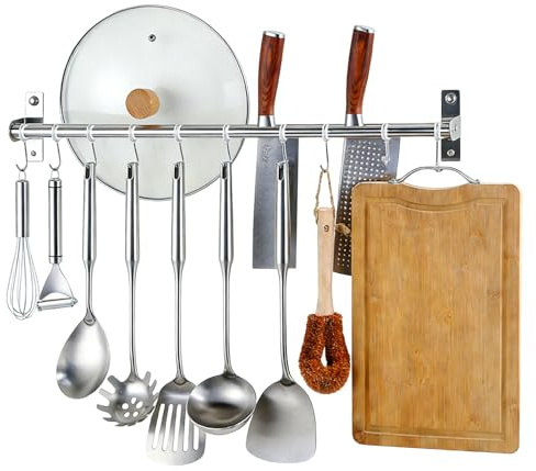 Apradas Utensil Hooks with 10 Hooks, 50cm Kitchen Utensil Rack Drill & No Drill, Stainless Steel kitchen tool rack for Pan Utensil Spoon Turner