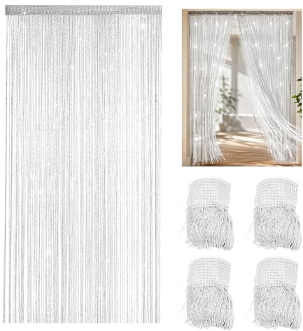 Jinfanshurich 4 Stück Fadenvorhang 100×200 cm – Glitzer Türvorhang & Fensterdekoration, Perlenvorhang als Raumteiler für Hochzeit, Party & Wohnraum (Weiß)